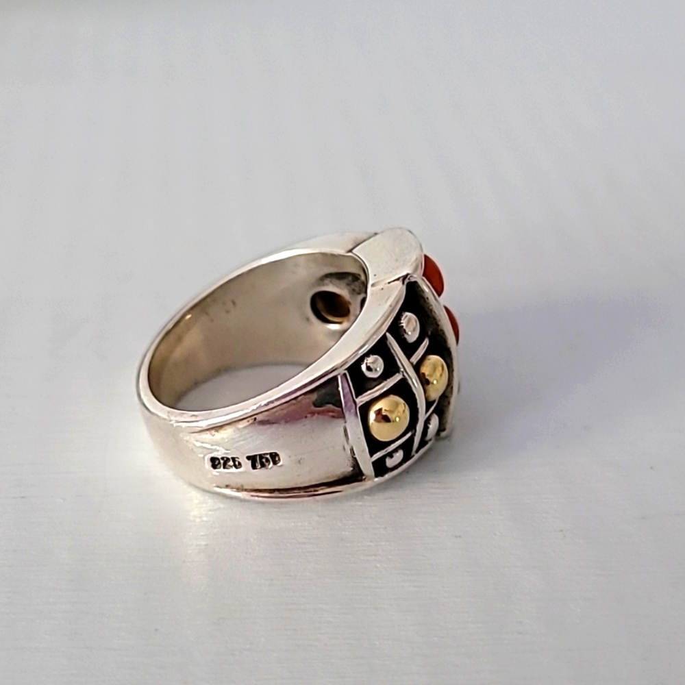 Lagos Caviar Sterling Silver 18K Yellow Gold Red Coral Ring Size 7 - Picture 3 of 6